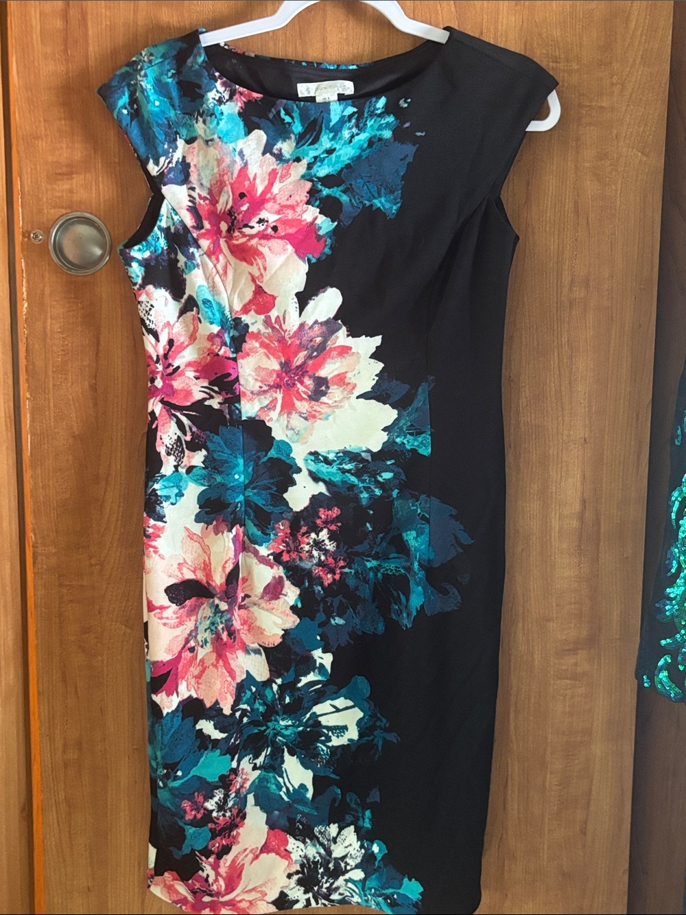 London Times Black Sheath Dress with Teal, Pink & Cream Floral Print